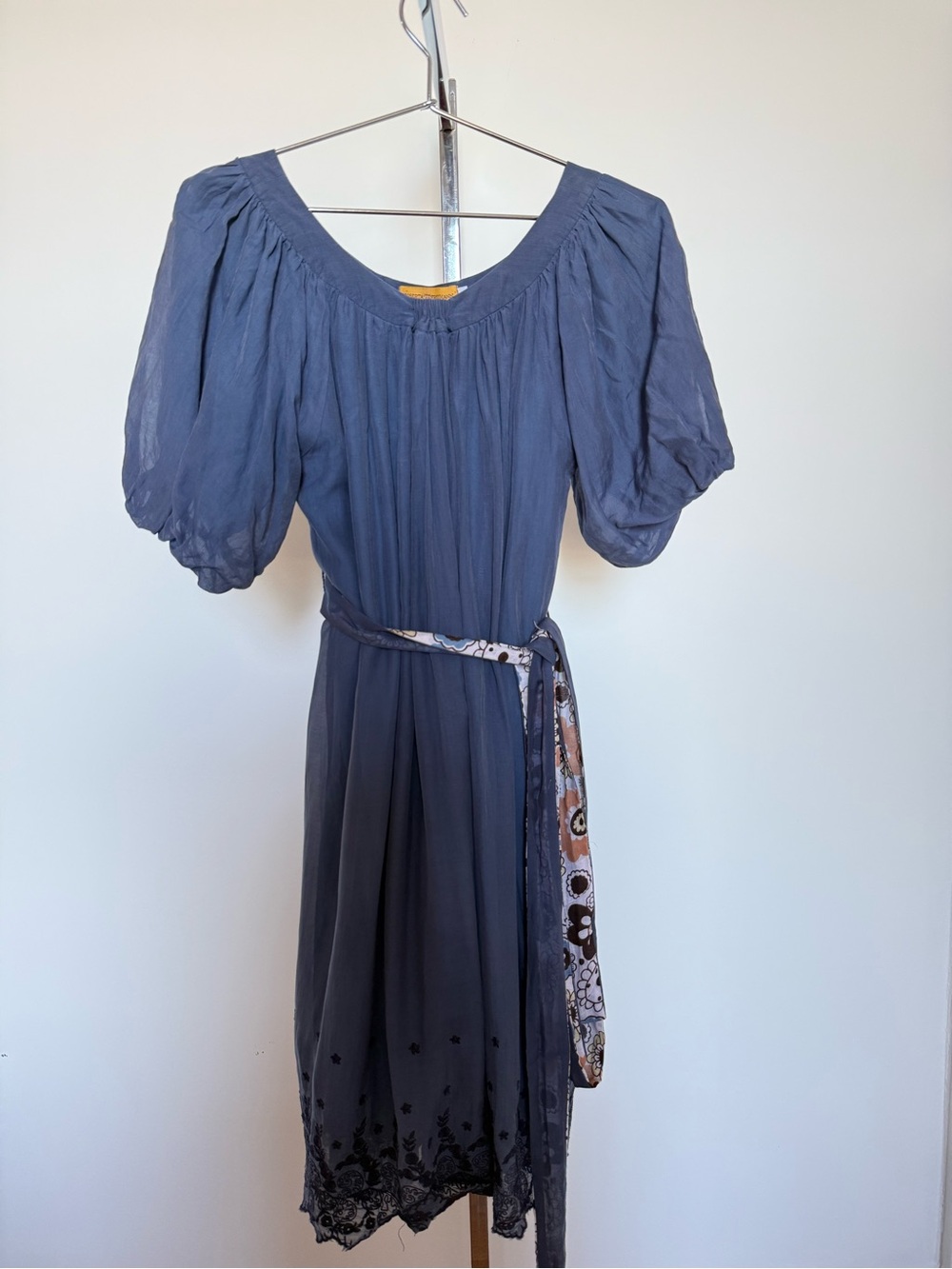 Roberta Freyman Slate Blue, Silk Puff Sleeve Dress with Floral Sash